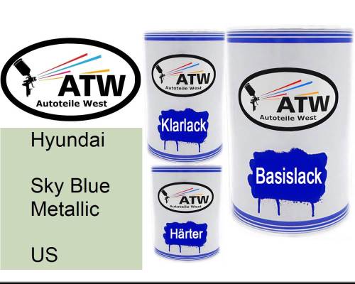 Hyundai, Sky Blue Metallic, US: 500ml Lackdose + 500ml Klarlack + 250ml Härter - Set, von ATW Autoteile West.